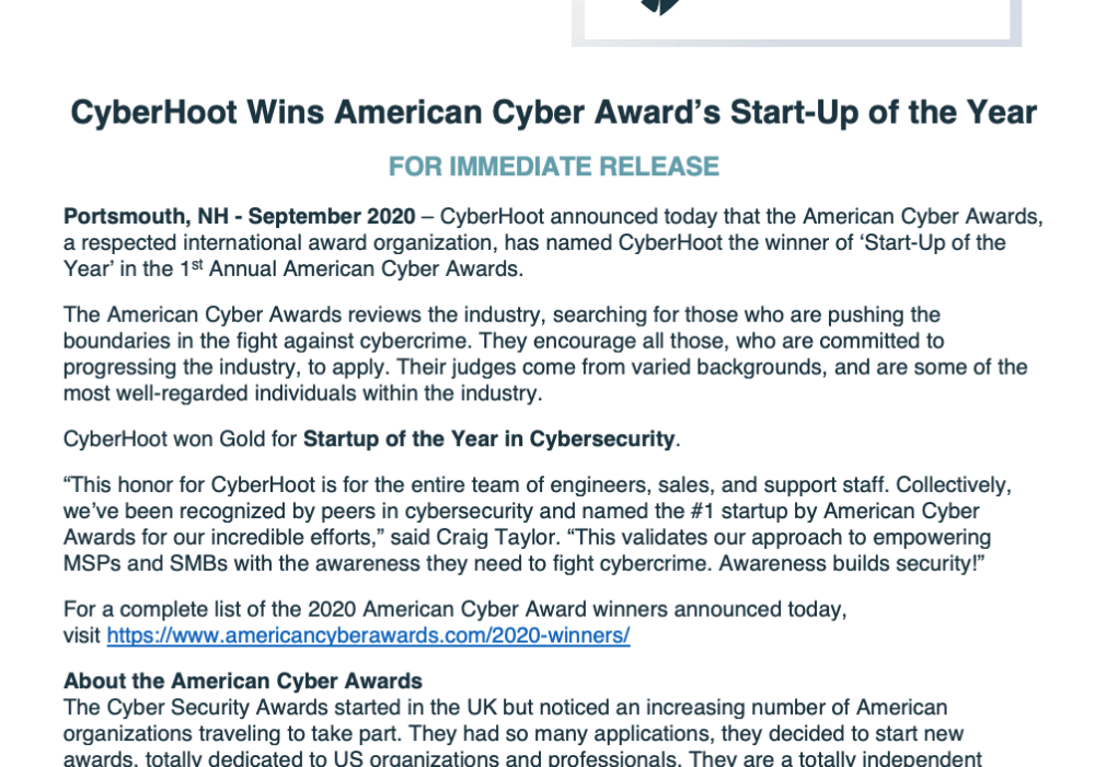 CyberHoot September 2020 Press Release