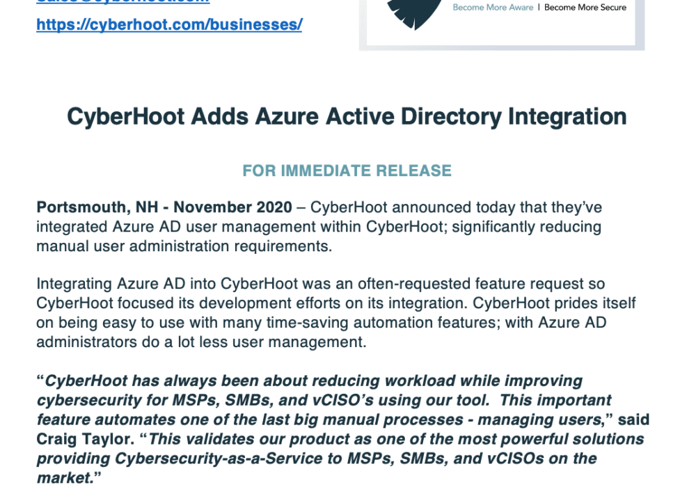 CyberHoot November 2020 Press Release