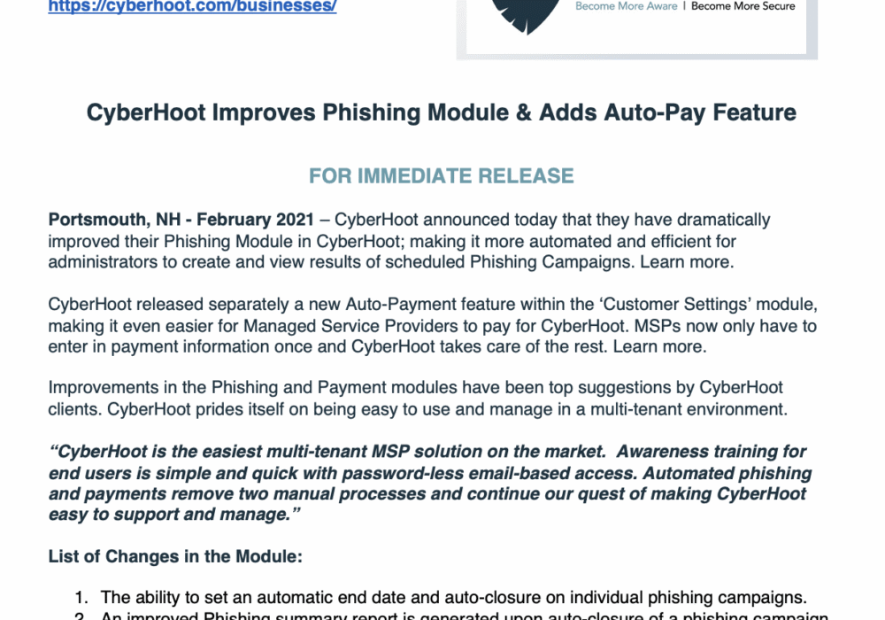 CyberHoot February Press Release