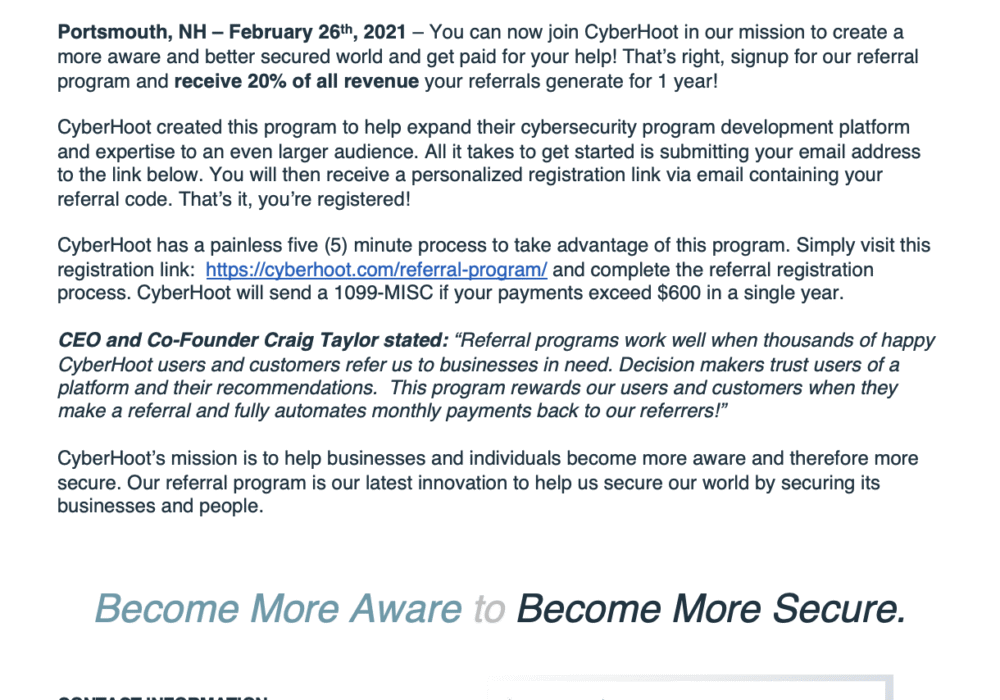 CyberHoot February Press Release – Referral Program