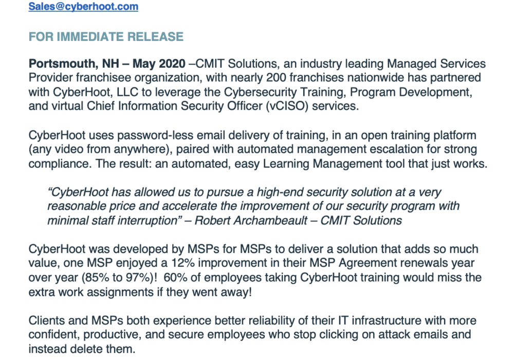 CyberHoot May Press Release
