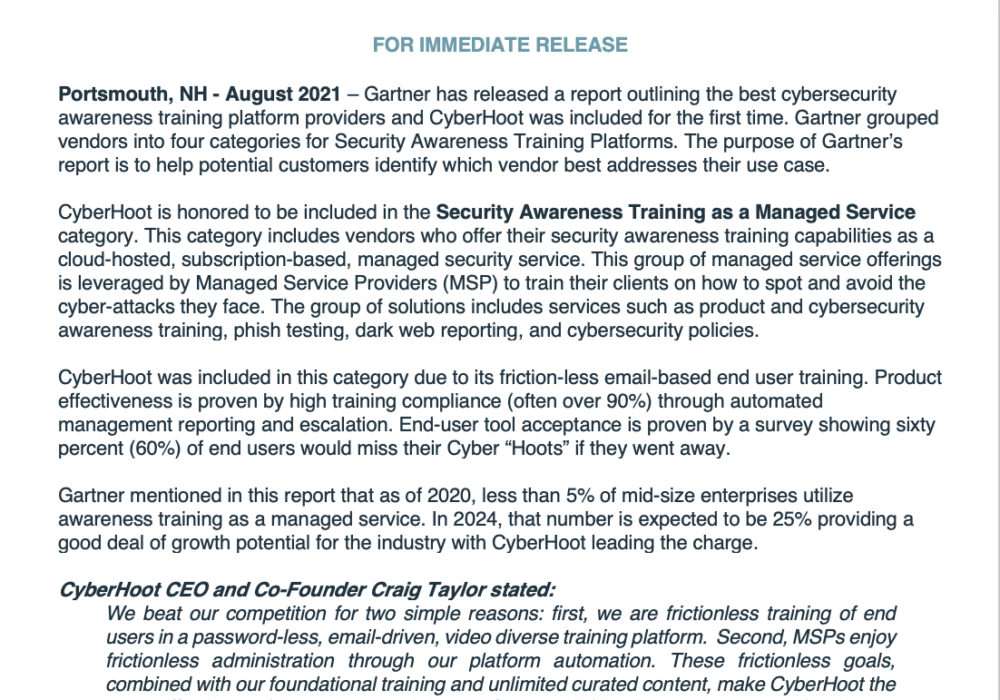 CyberHoot August Press Release