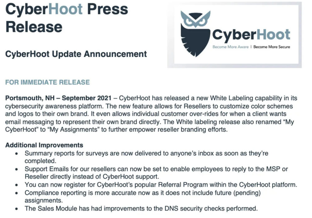 CyberHoot September Press Release