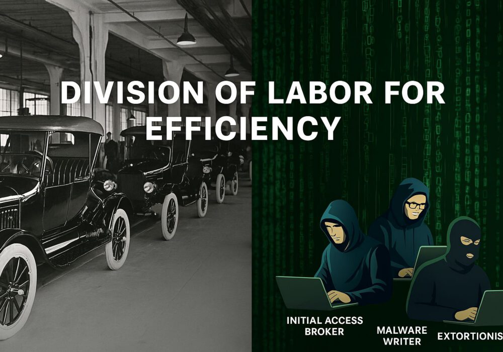 Division of Labor in Criminal Enterprises leads to High-Volume, Low-Cost Attacks